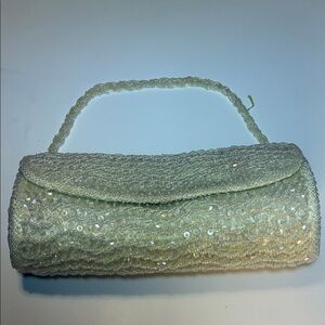 Ivory Beaded Evening Clutch with Woven Handle
